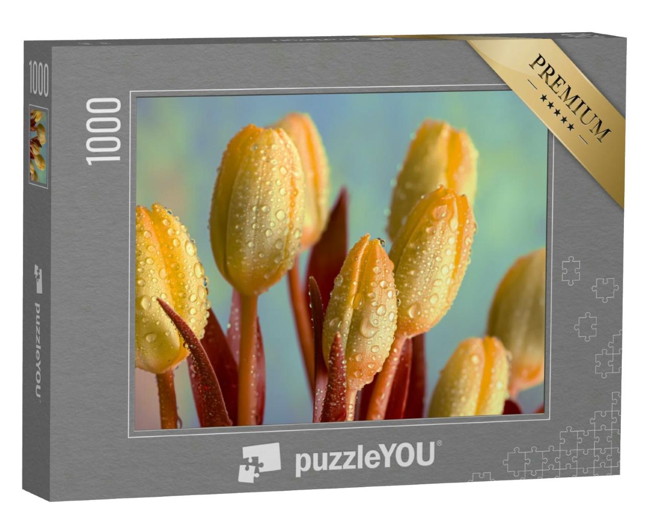 Puzzle 1000 Teile „Gelbe Tulpen mit Wassertropfen und Blütenknospen“