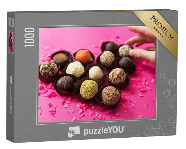 Puzzle 1000 Teile „Romantik am Valentinstag: Ein Herz aus Schokoladenpralinen“