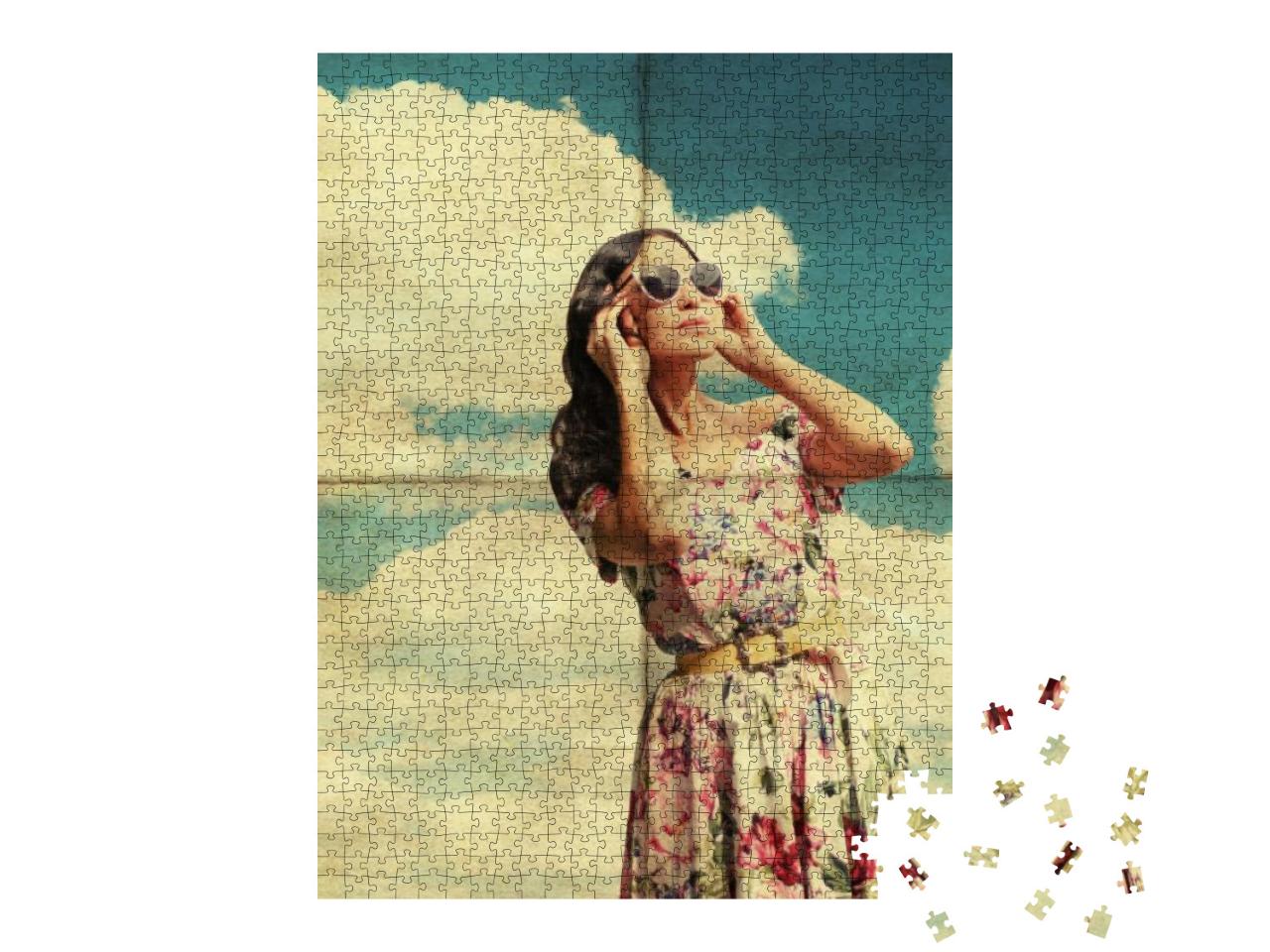 Puzzle 1000 Teile „Junge Frau mit Sonnenbrille im Retro-Kleid“