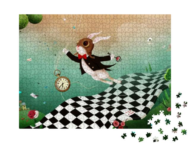 Puzzle 1000 Teile „Magische Fantasie: Wunderland mit Kaninchen und Schachstraße“