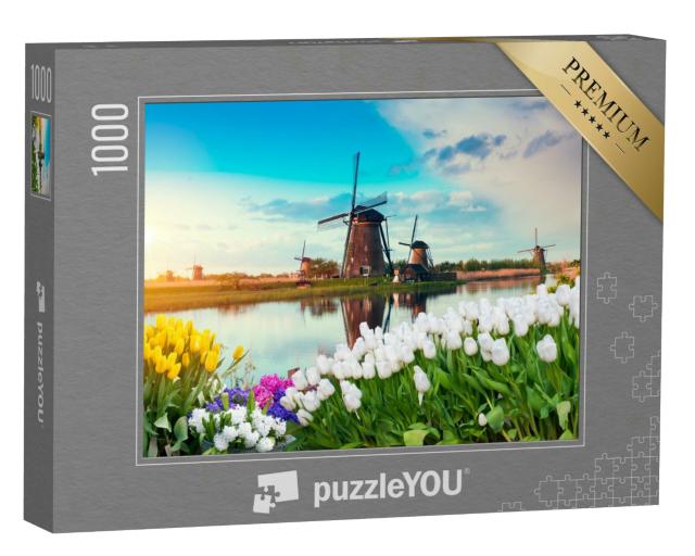 Puzzle 1000 Teile „Traditionelles Bild von Windmühlen und Tulpen, Niederlande“