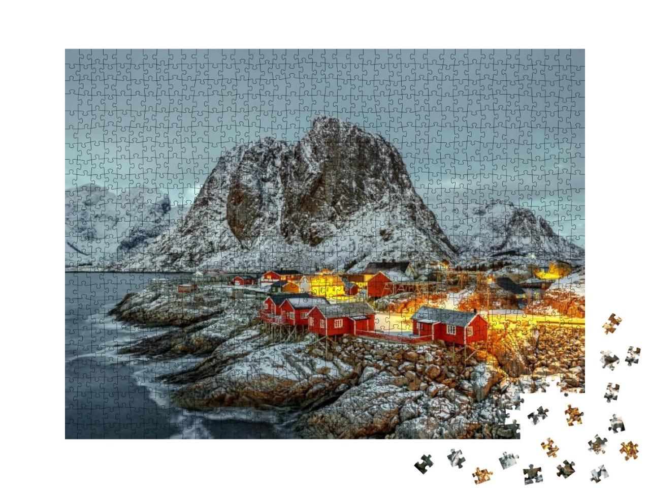 Puzzle 1000 Teile „Fischerhütte bei Sonnenuntergang, Panorama von den Lofoten, Norwegen“