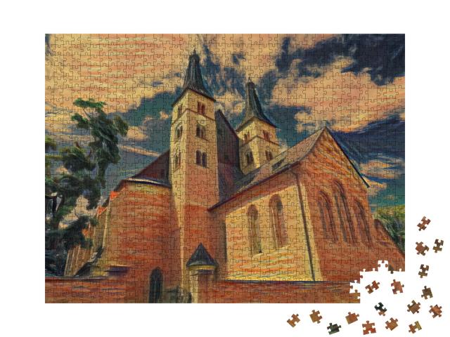 Puzzle 1000 Teile „im Stil von Edvard Munch, Der Schrei - Heiligkreuz Nordhausen Dom in Thüringen, Deutschland“