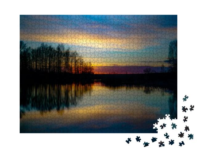 Puzzle 1000 Teile „Sonnenuntergang am Seeufer“