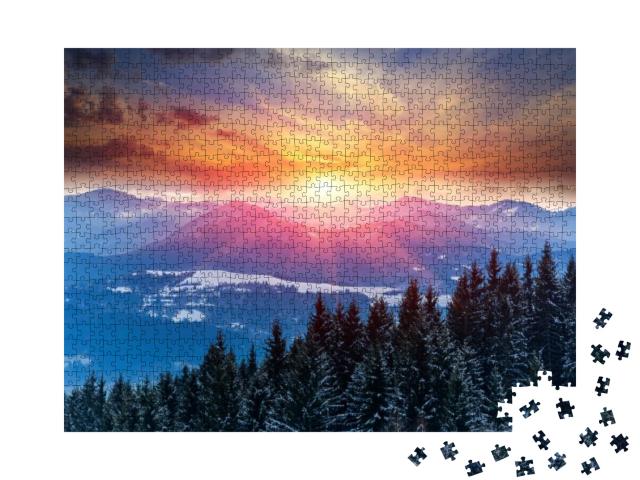 Puzzle 1000 Teile „Winterlicher Sonnenuntergang in den Bergen“