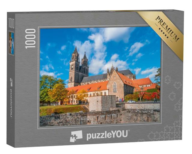 Puzzle 1000 Teile „Der prächtige Magdeburger Dom bei Sonnenuntergang im Herbst, Sachsen-Anhalt“