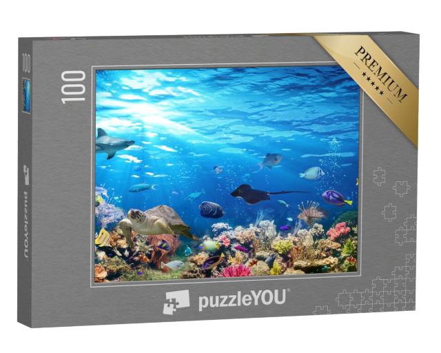 Puzzle 100 Teile „Unterwasser-Szene mit Korallenriff, Fischen, Haien, Schildkröte und Manta“