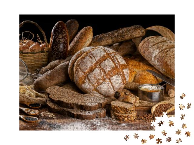 Puzzle 1000 Teile „Sortiment von gebackenem Brot auf Holztisch“