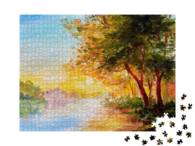 Puzzle 1000 Teile „Ölgemälde: Alte Bäume am Fluss“