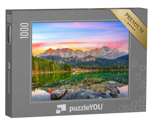 Puzzle 1000 Teile „Herbstlandschaft des Eibsees vor dem Zugspitzgipfel bei Sonnenuntergang“