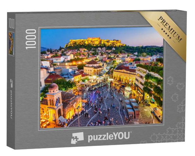 Puzzle 1000 Teile „Monastiraki-Platz und antike Akropolis am Abend, Athen, Griechenland“
