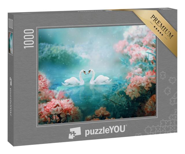 Puzzle 1000 Teile „Zwei weiße Schwäne schwimmen durch eine Märchenlandschaft“