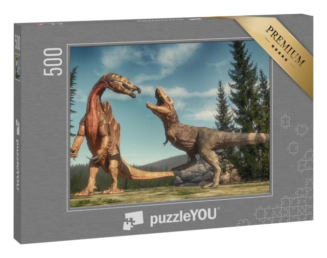 Puzzle 500 Teile „Kampf zwischen Spinosaurus und T Rex auf dem Jurassic Valley“