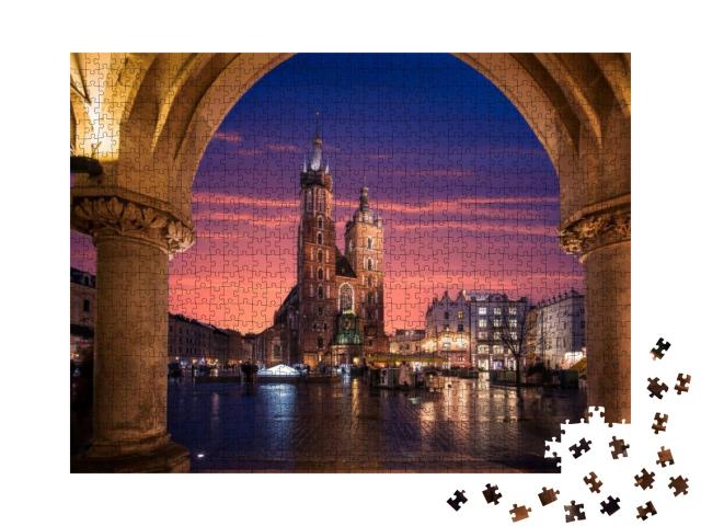 Puzzle 1000 Teile „Kirche der Altstadt von Krakau mit Beleuchtung, Polen“