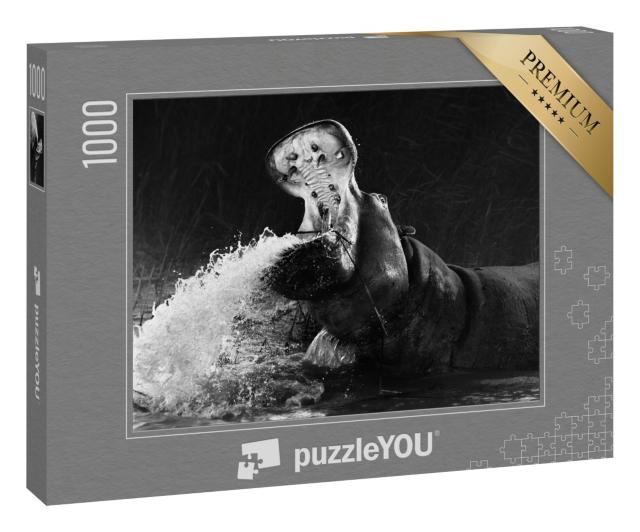 Puzzle 1000 Teile „Nilpferd mit geöffnetem Mau im Wasser “