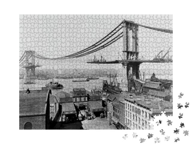 Puzzle 1000 Teile „Der Bau der Manhattan Bridge über den East River im Jahr 1909“