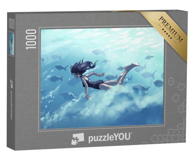 Puzzle 1000 Teile „Junge Frau beim Tauchen mit einem Fischschwarm im Meer“