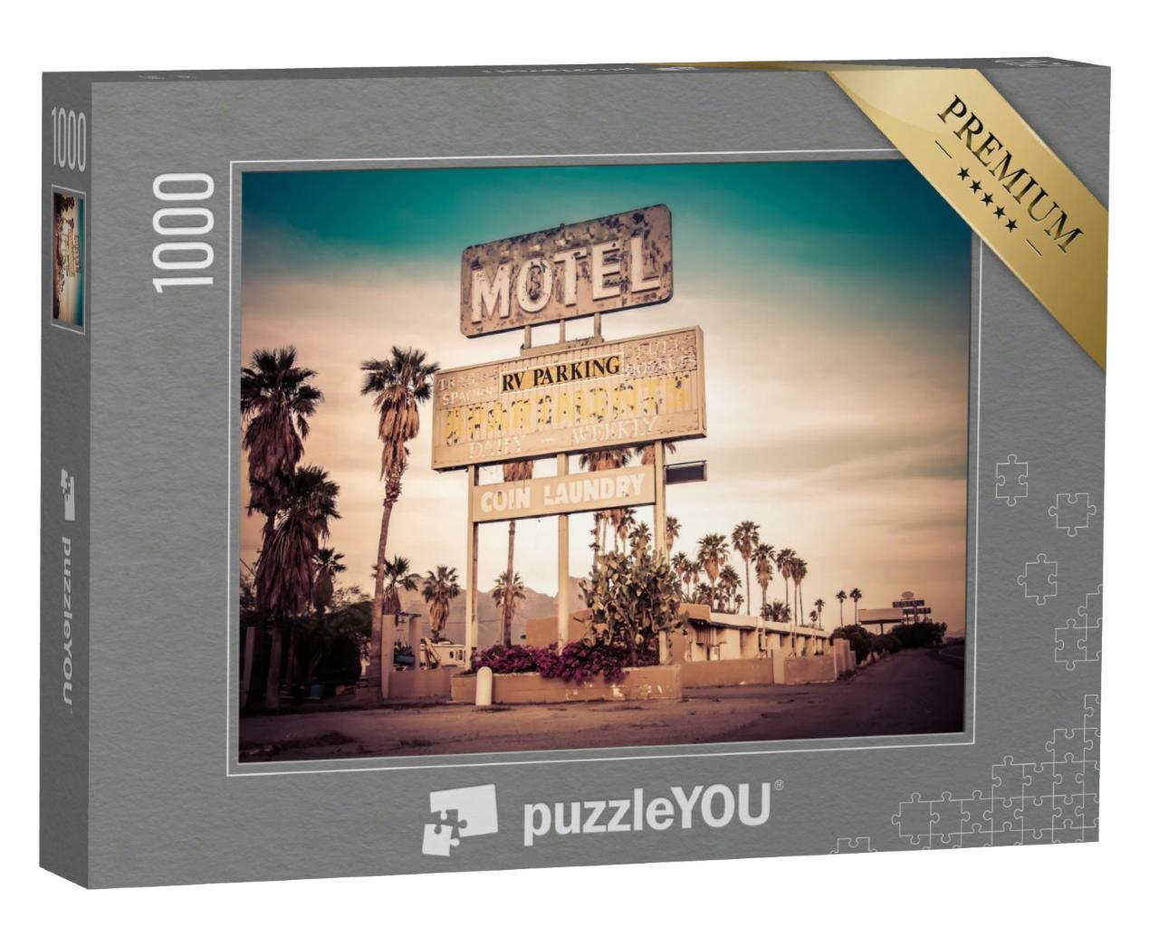 Puzzle 1000 Teile „Ein Motel Schild inmitten der Wüste, USA“