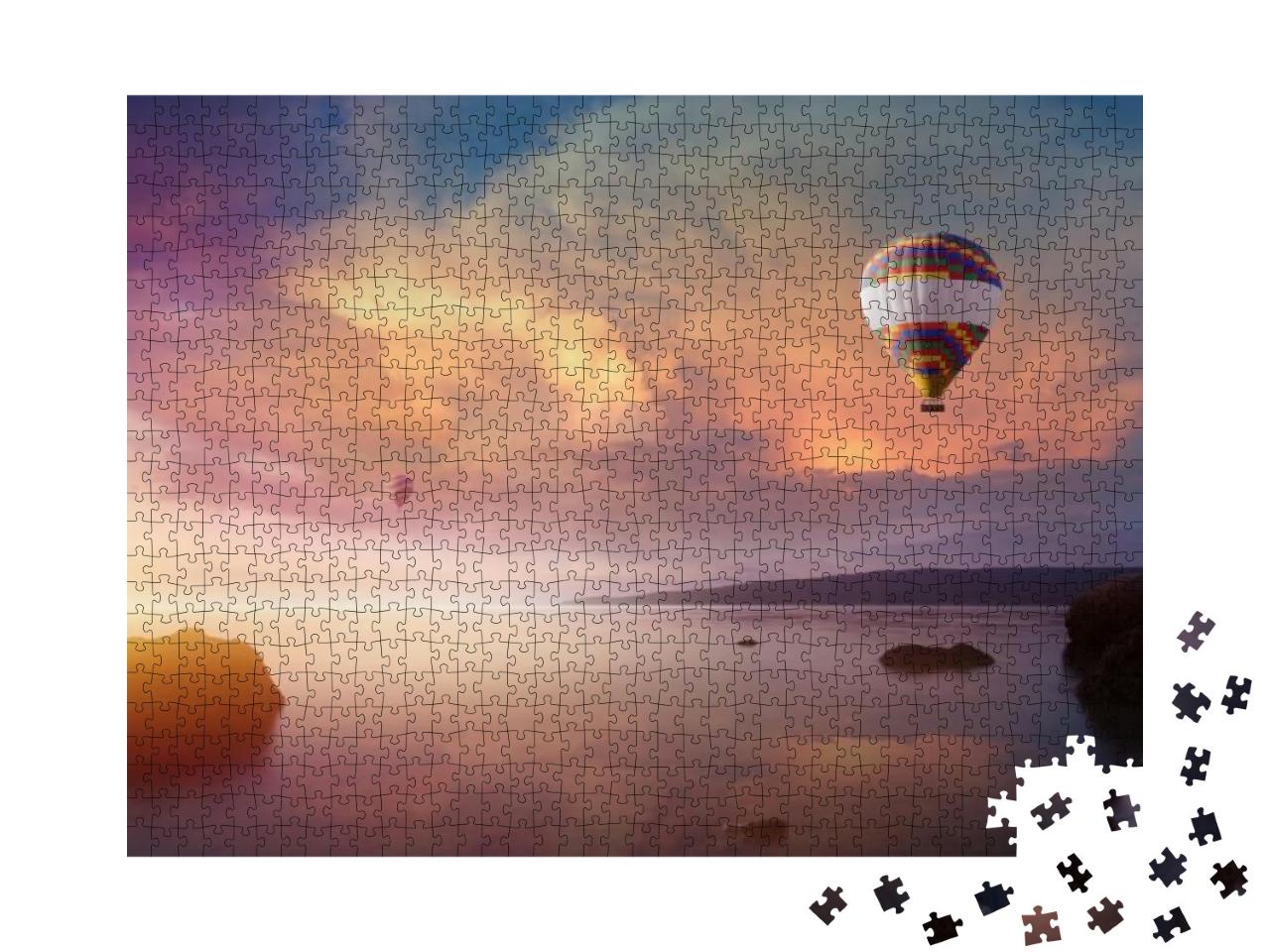 Puzzle 1000 Teile „Heißluftballons im Sonnenuntergang über dem ruhigen Meer“