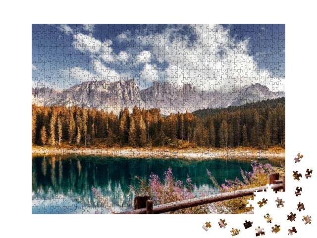 Puzzle 1000 Teile „Alpen im Sonnenuntergang, Lago di Carezza, Dolomiten“