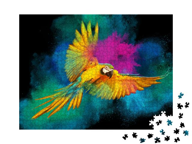 Puzzle 1000 Teile „Farbenfrohe Pulverexplosion mit fliegendem Ara-Papagei“