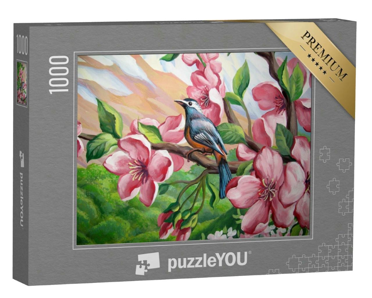Puzzle 1000 Teile „Blühender Sakura-Zweig mit einem Vogel“