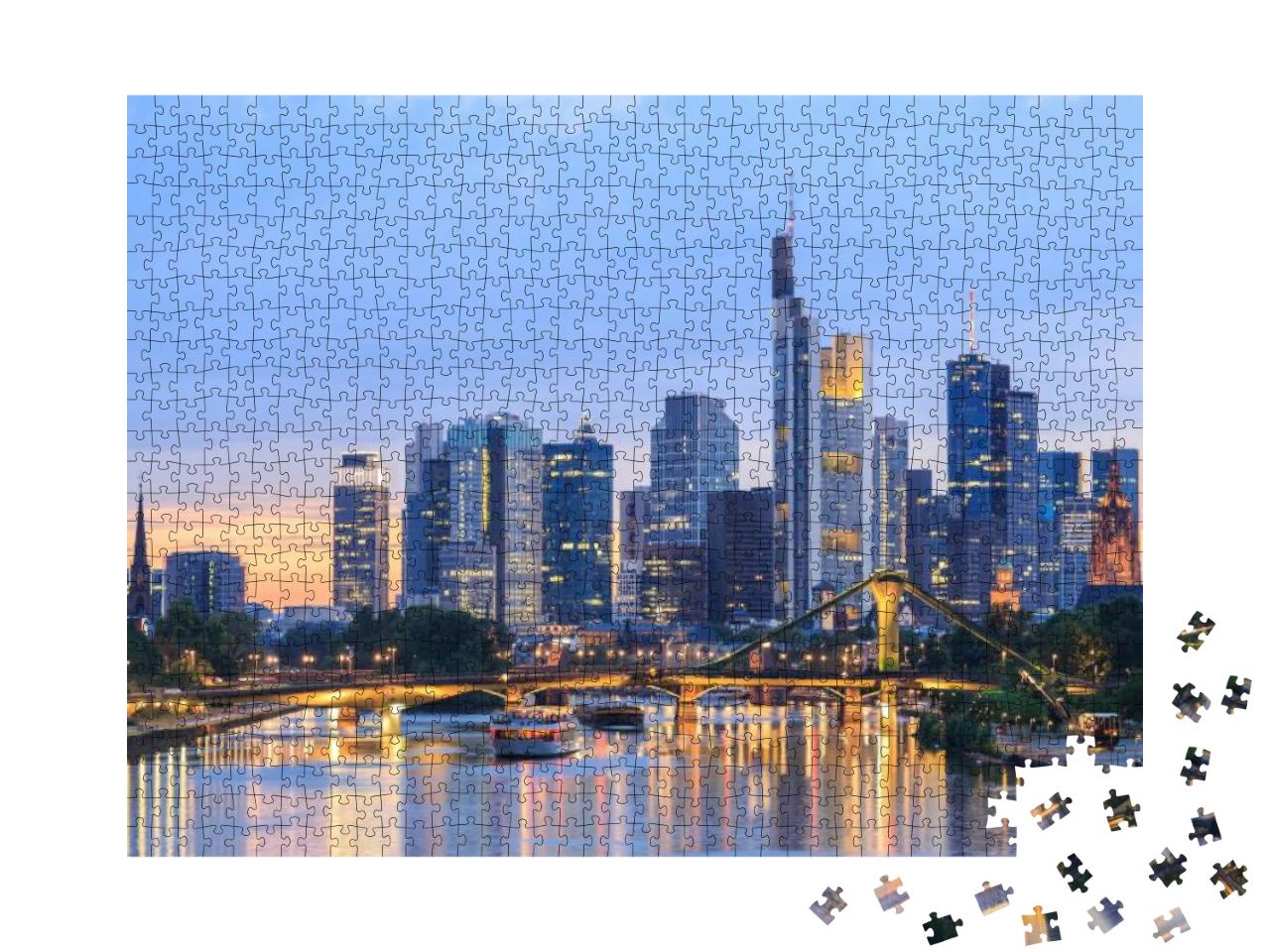 Puzzle 1000 Teile „Skyline von Frankfurt am Main in der Abenddämmerung, Deutschland“