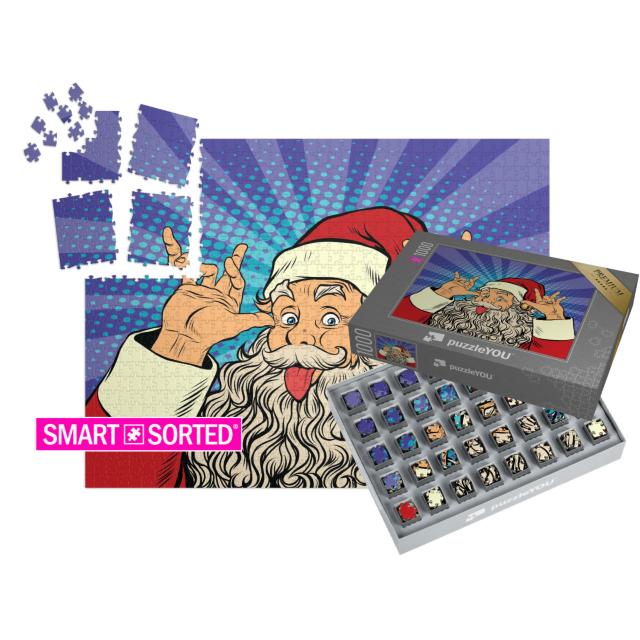 SMART SORTED® | Puzzle 1000 Teile „Pop-Art: Weihnachtsmann streckt die Zunge heraus, Neckerei, Humor“