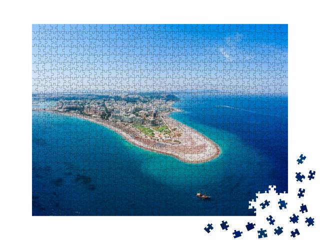 Puzzle 1000 Teile „Vogelperspektive: Rhodos mit Lagune von oben, Griechenland“
