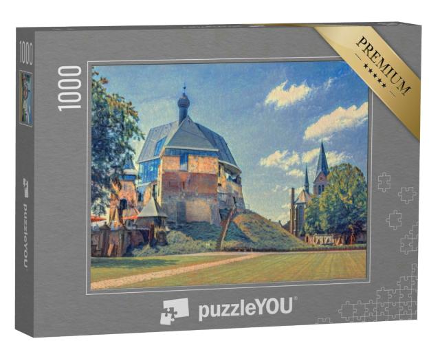 Puzzle 1000 Teile „im Stil von Paul-Cezanne - Schloss und Kirche in Keverburg an der Maas, Niederlande“