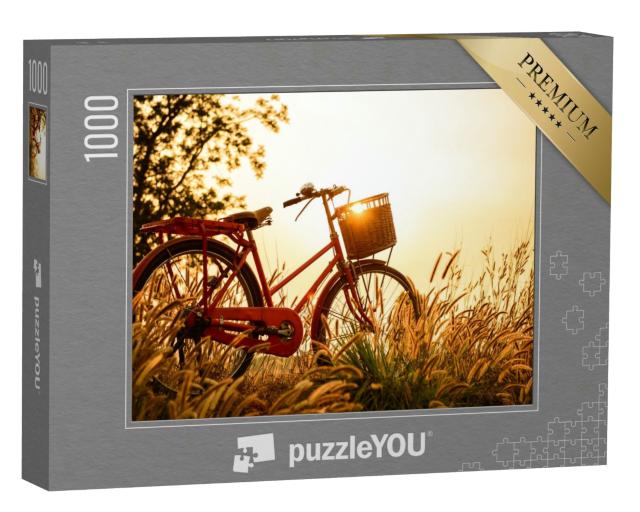 Puzzle 1000 Teile „Ein Fahrrad im Gras beim Sonnenuntergang“