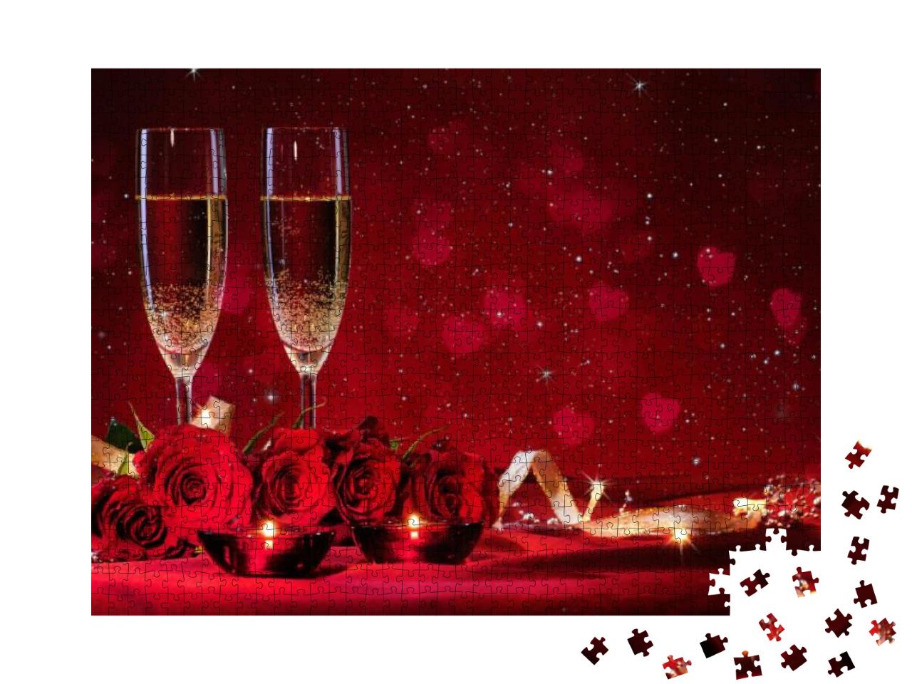 Puzzle 1000 Teile „Valentinstag: Champagnergläser und rote Rosen“