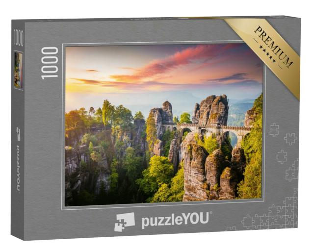 Puzzle 1000 Teile „Elbsandsteingebirge im Abendlicht mit Basteibrücke“