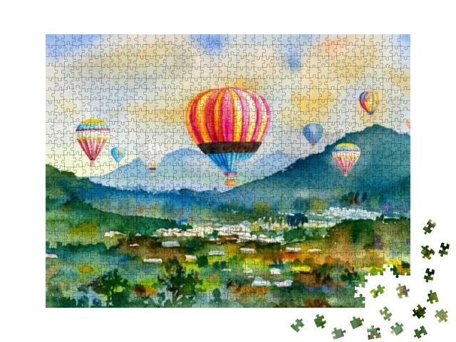 Puzzle 1000 Teile „Heißluftballons über einem Dorf in den Bergen“