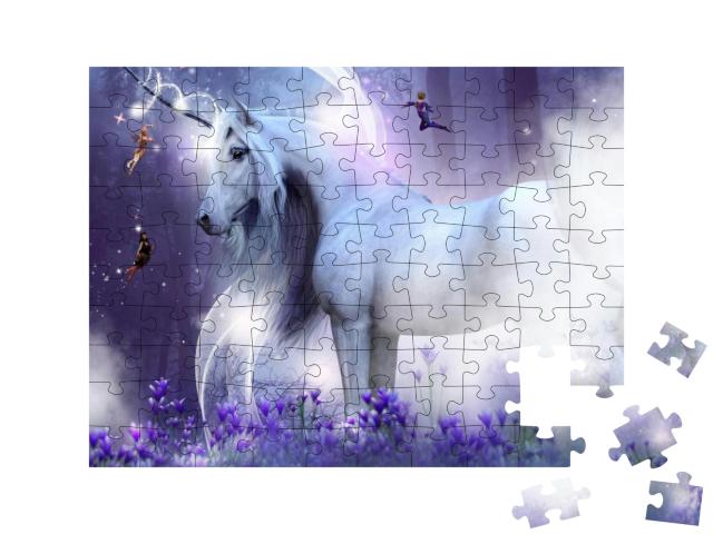 Puzzle 100 Teile „Majestätisches Einhorn mit drei zauberhaften Feen“