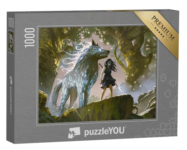 Puzzle 1000 Teile „Wildes Mädchen steht mit ihrem Wolf im Wald, digitaler Kunststil“
