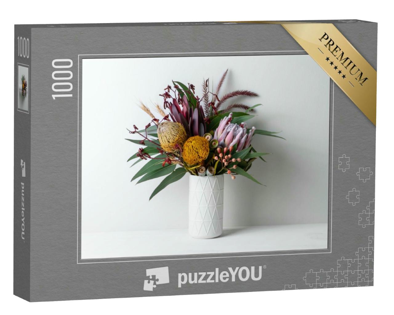 Puzzle 1000 Teile „Australisches Blumenarrangement mit Protea, Banksia, Kängurupfote, Eukalyptus“