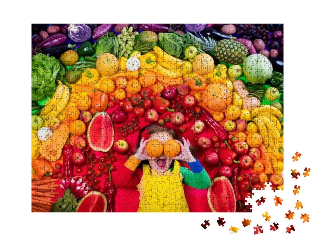 Puzzle 1000 Teile „Mädchen mit einer Vielzahl von Obst und Gemüse“