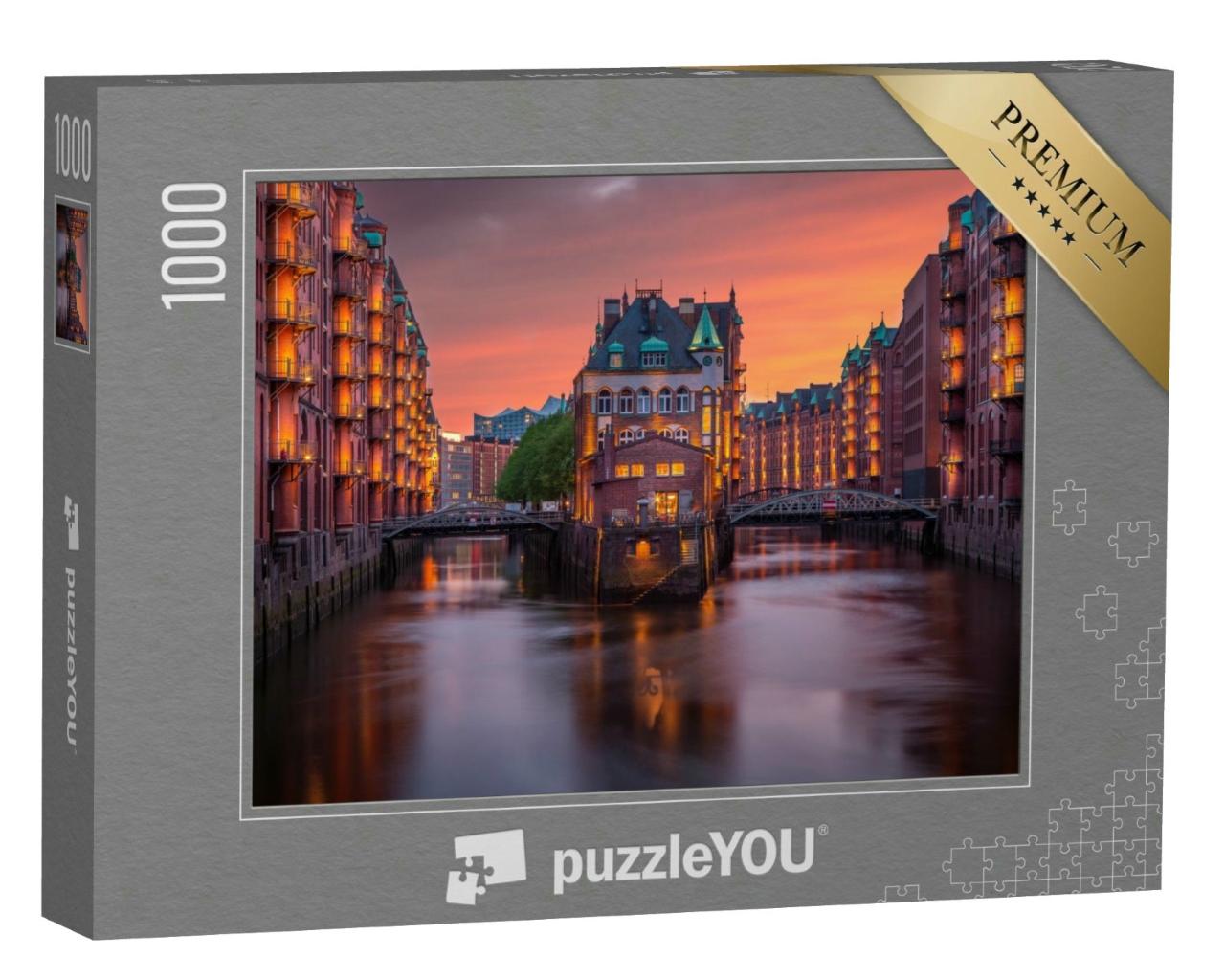 Puzzle 1000 Teile „Abend über der Speicherstadt in Hamburg, Deutschland“