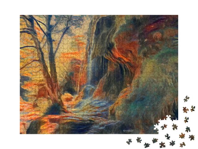 Puzzle 1000 Teile „im Stil von Edvard Munch, Der Schrei - Wasserfälle in den Ammergauer Alpen, Deutschland“