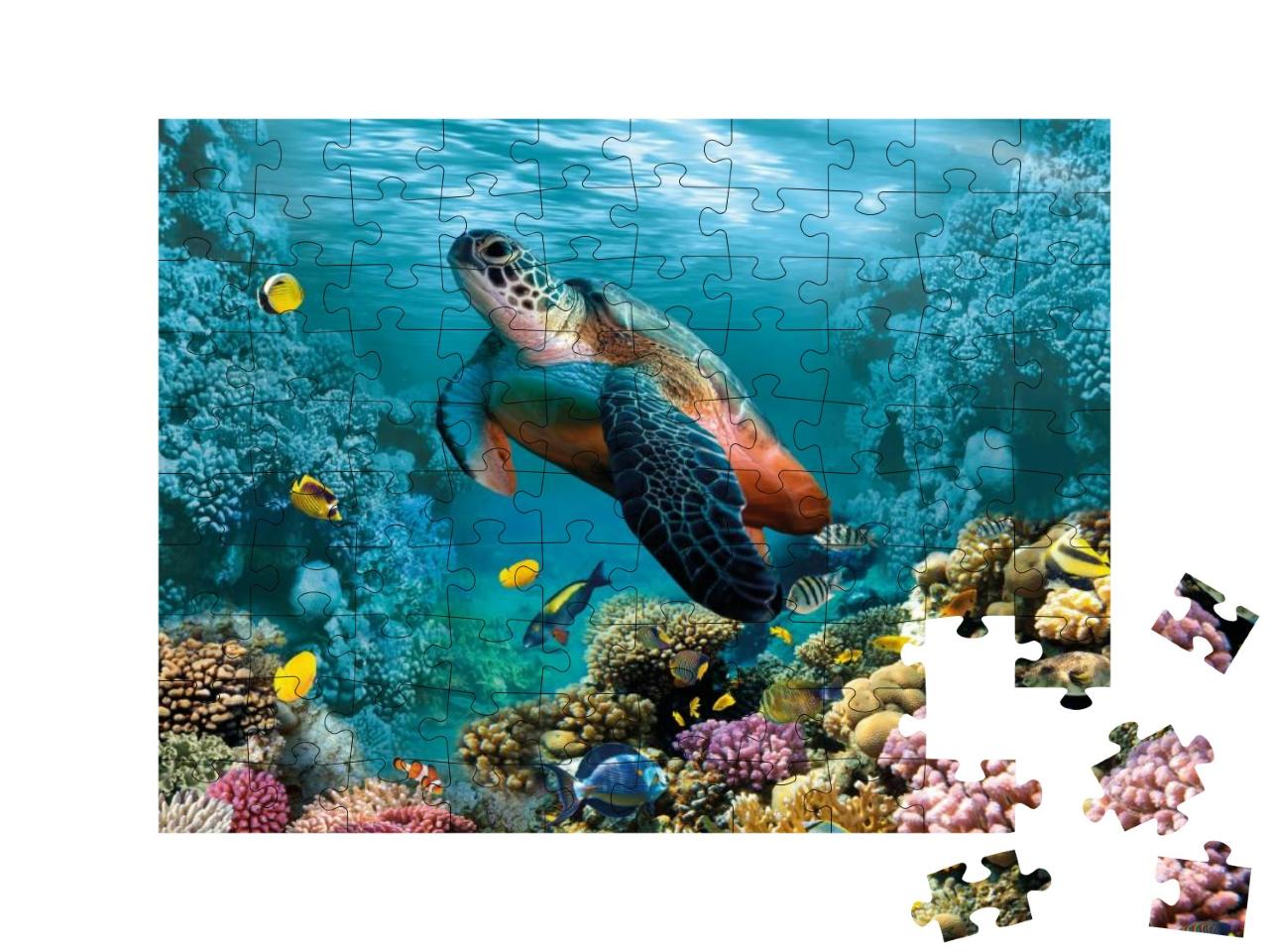 Puzzle 100 Teile „Unterwasserwelt mit einer Schildkröte und Korallen“