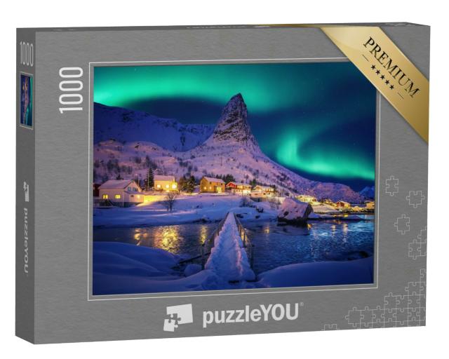 Puzzle 1000 Teile „Polarlichter in der winterlichen Landschaft der Lofoten, Norwegen“