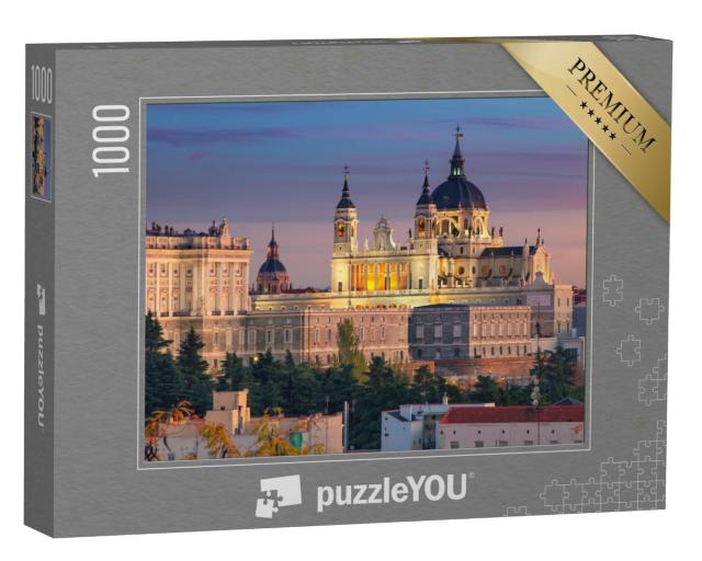 Puzzle 1000 Teile „Abendstimmung in Madrid - Kathedrale Santa Maria und Königspalast“