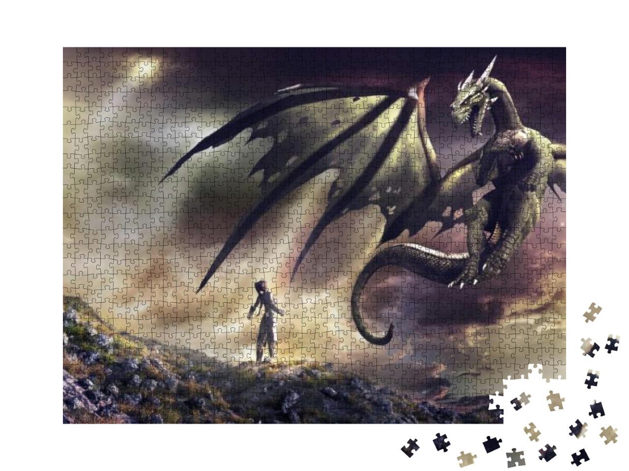 Puzzle 1000 Teile „Fantasielandschaft mit Burgruinen, Zauberin und grünem Drachen“