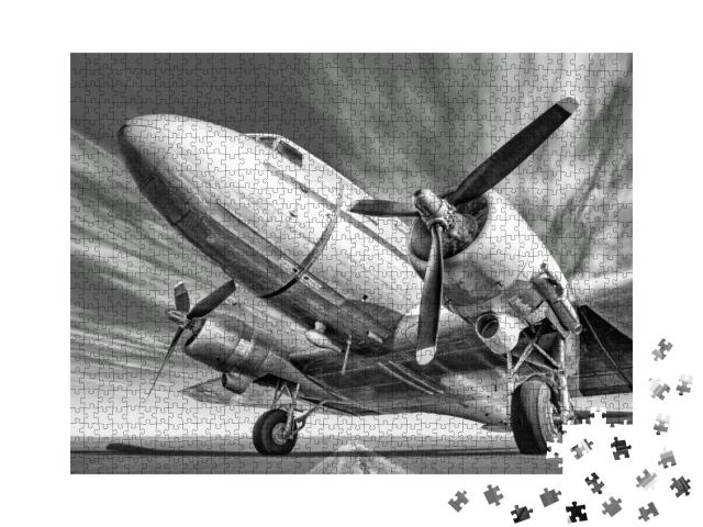 Puzzle 1000 Teile „Historisches Flugzeug auf einer Landebahn “