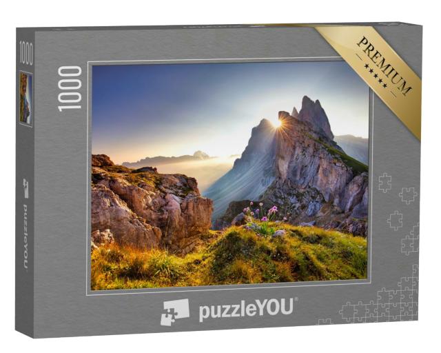 Puzzle 1000 Teile „Aussicht auf den Seceda-Gipfel am Morgen, Dolomiten, Südtirol“