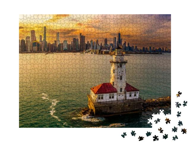 Puzzle 1000 Teile „Chicago Hafen und Leuchtturm bei Sonnenuntergang“