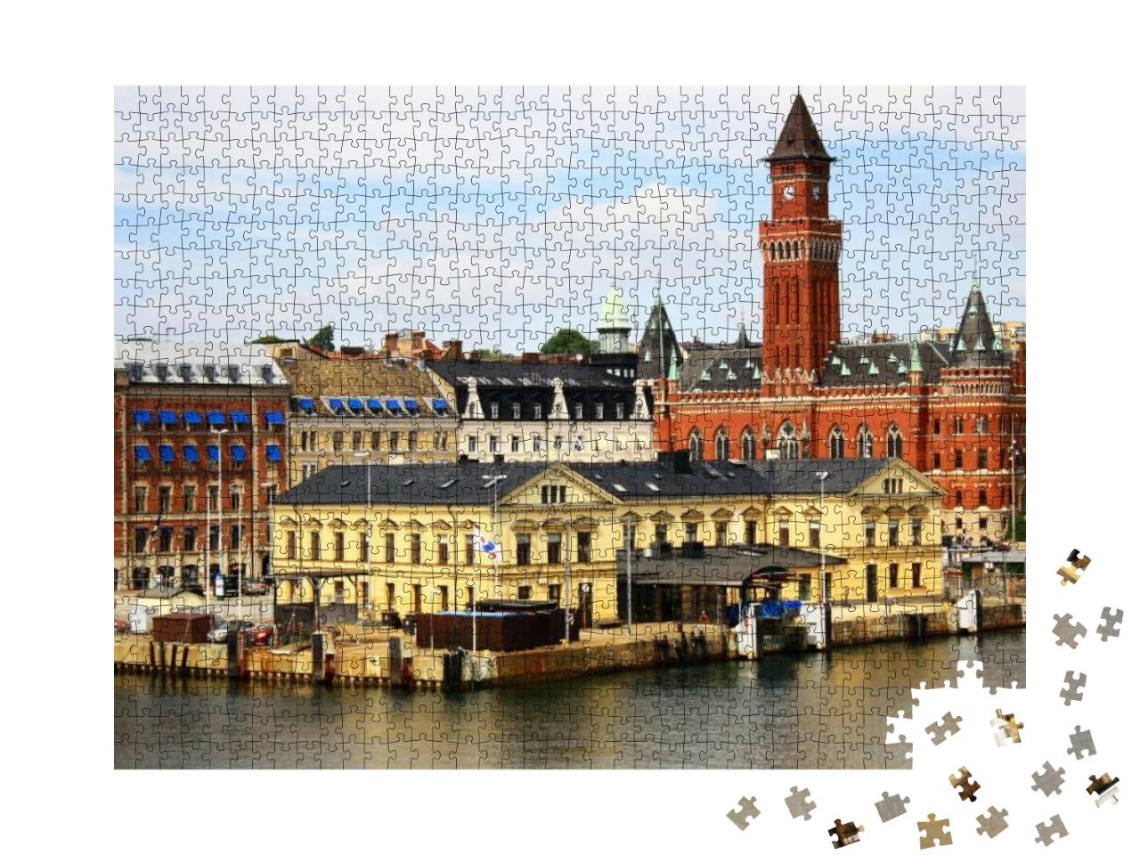Puzzle 1000 Teile „Schöne Aussicht auf Helsingborg mit Hafen, Schweden“