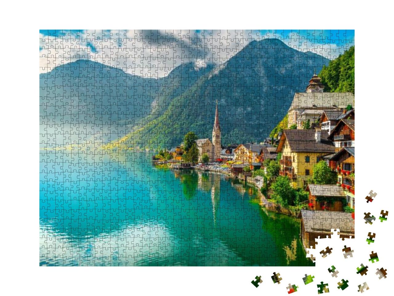 Puzzle 1000 Teile „Pittoreskes Dorf Hallstadt und Hallstädter See, Salzkammergut, Österreich“