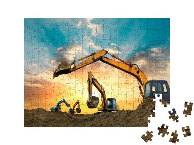 Puzzle 200 Teile „Bagger arbeiten bei Sonnenuntergang auf der Baustelle“